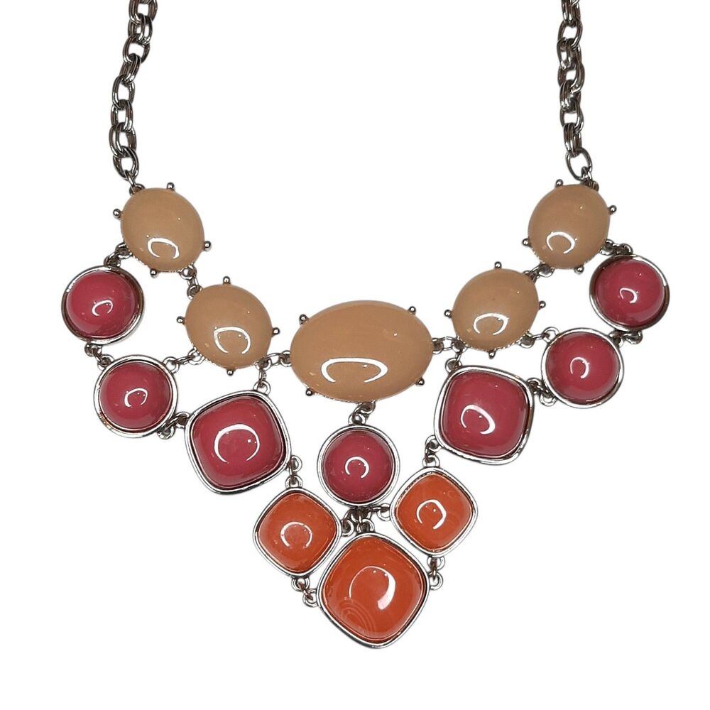 NEW Statement Necklace Multicolor Plastic Beads Metal Base Light Gold Tone Chain